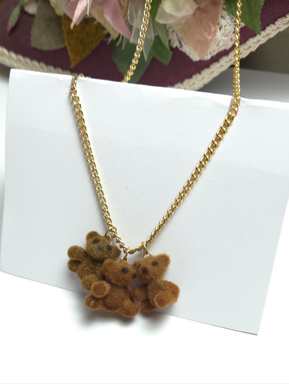Vintage 3 Velvety Brown Fuzzy Teddy Bear Charm Gold Plated Necklace 22" Long